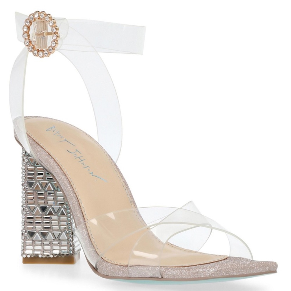 Betsey Johnson Bell Lucite Straps Rhinestone Heel Dress Sandals, Size 9.5